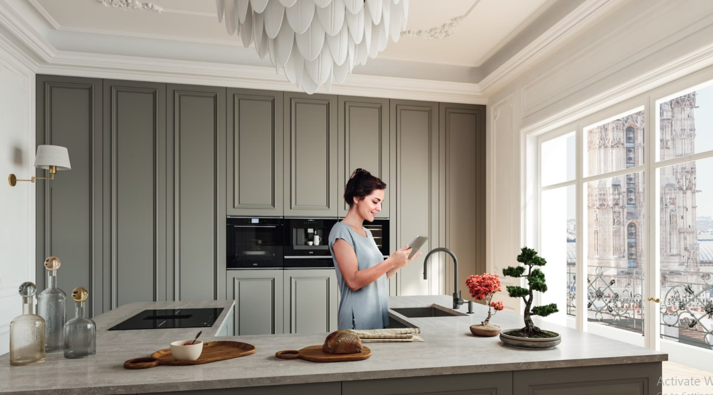 A modern kitchen with a dishwasher open and various kitchen items on the counter.